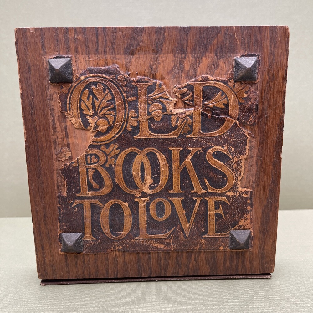 Vintage Arts & Crafts Bookend Leather Wood Oak Old Book Love Unique Craftsman - Picture 1 of 7
